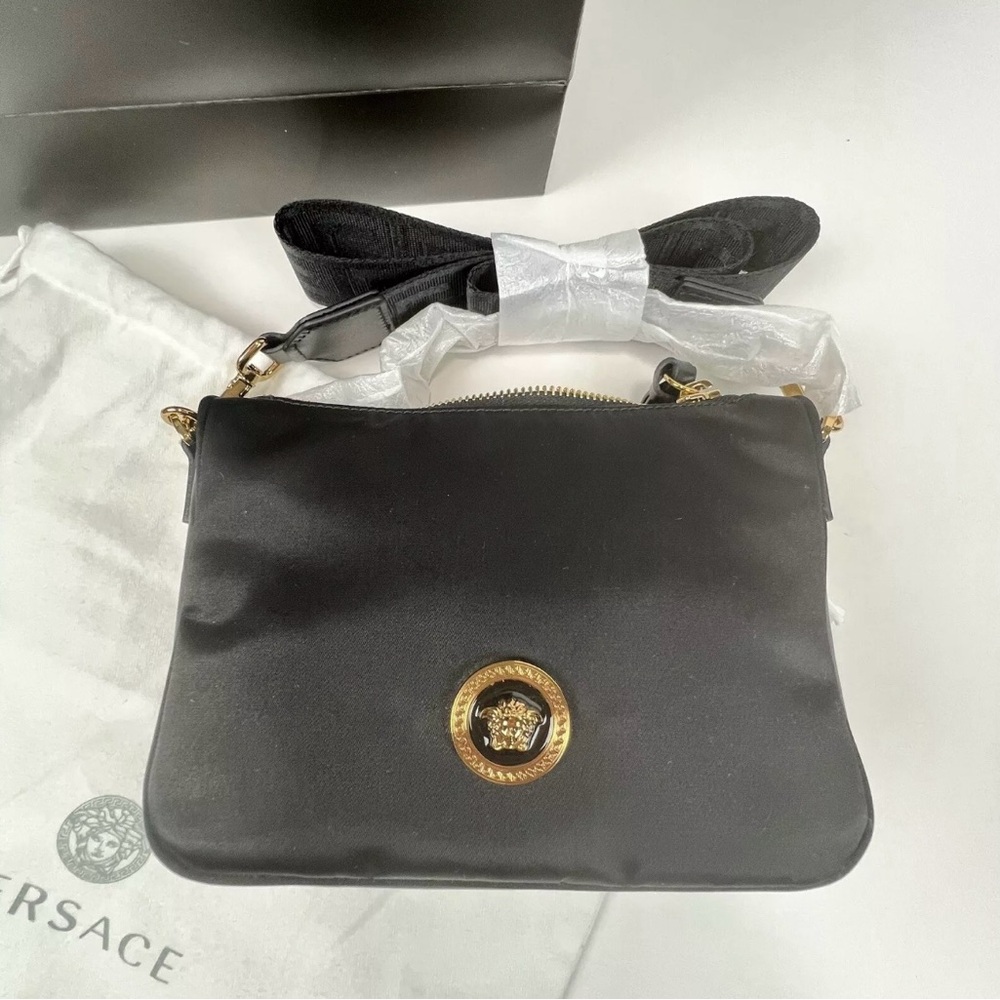 Versace Authentic Black Crossbody Bag with Gold Emblem